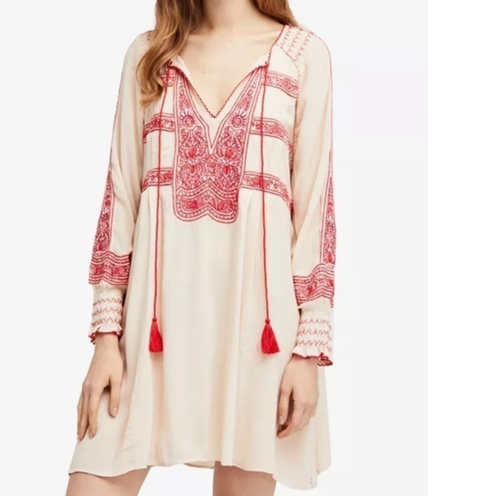 Free People Wind Willow Mini Peasant Dress Size Small Embroidered Boho
